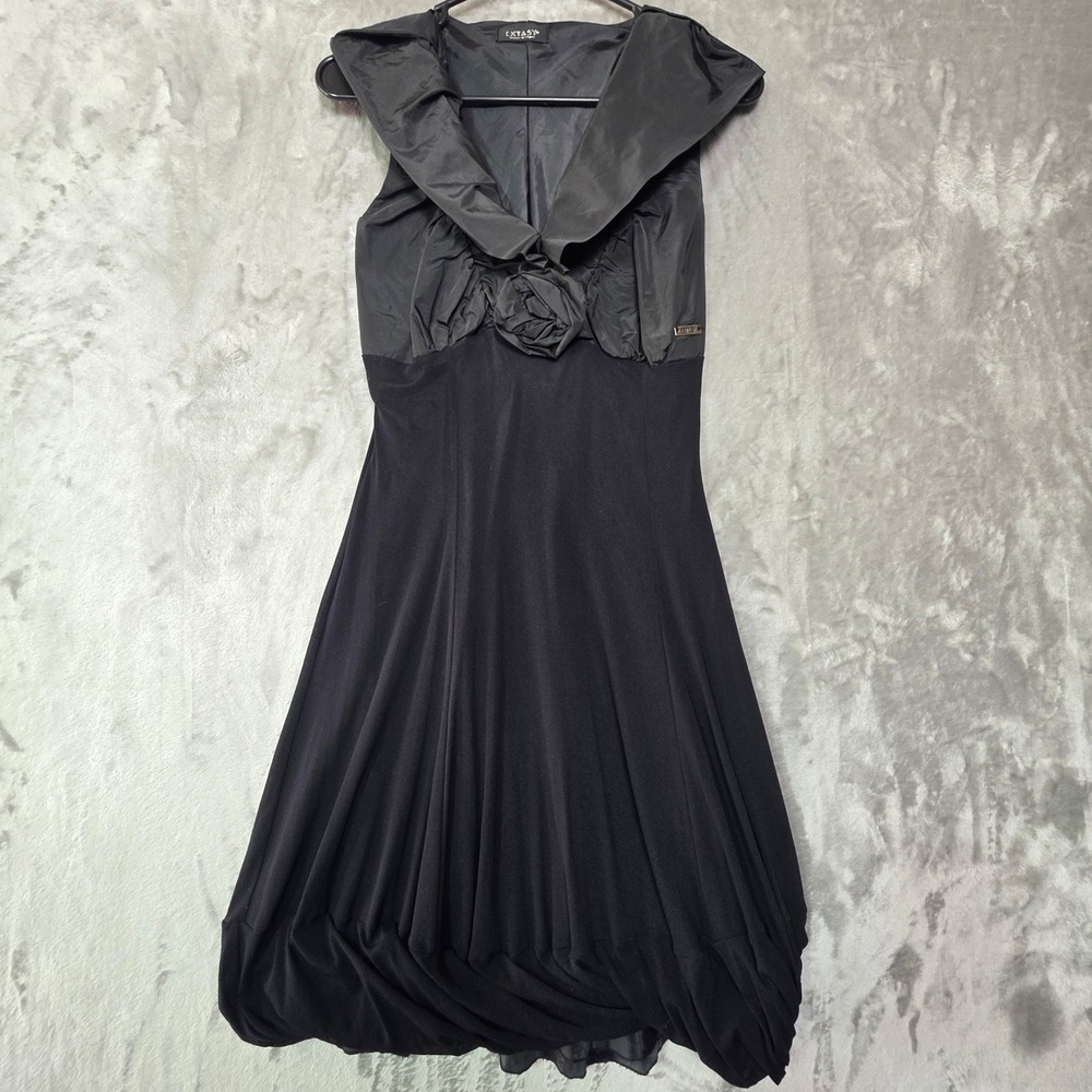 Extasy Made in Italy Black Bubble Hem Cocktail Dress Rosette V-Neck TG 42 Small
